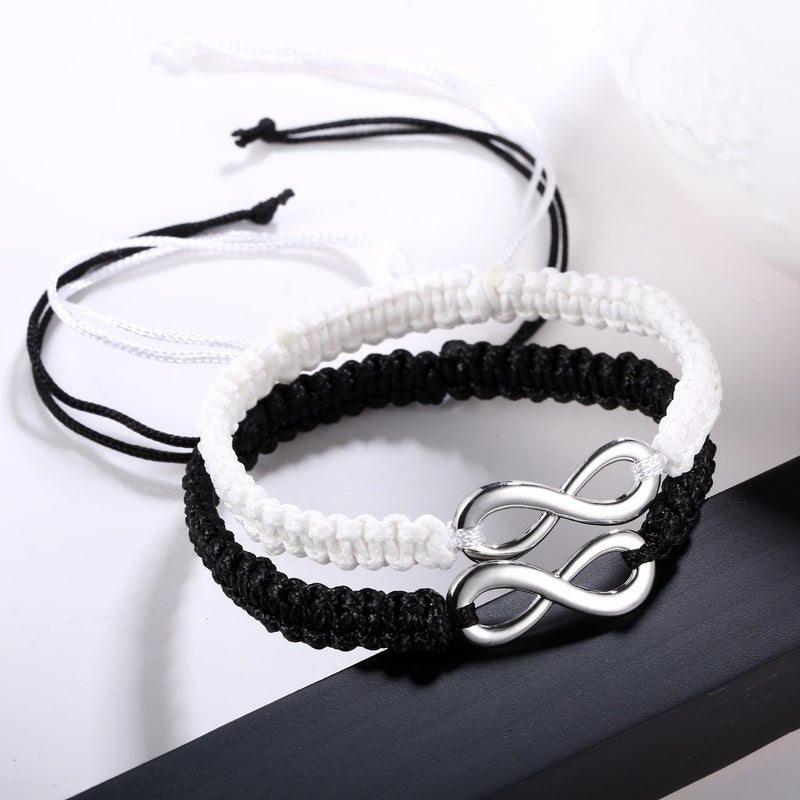 RINHOO 2PC/Set Stainless Steel 8 Infinity Couple Bracelet Braided Leather Rope Bangle Wrist Adjustable Chain Fit 7-9 Inch for Lover Friendship (2pc (black+white)) - Image 4
